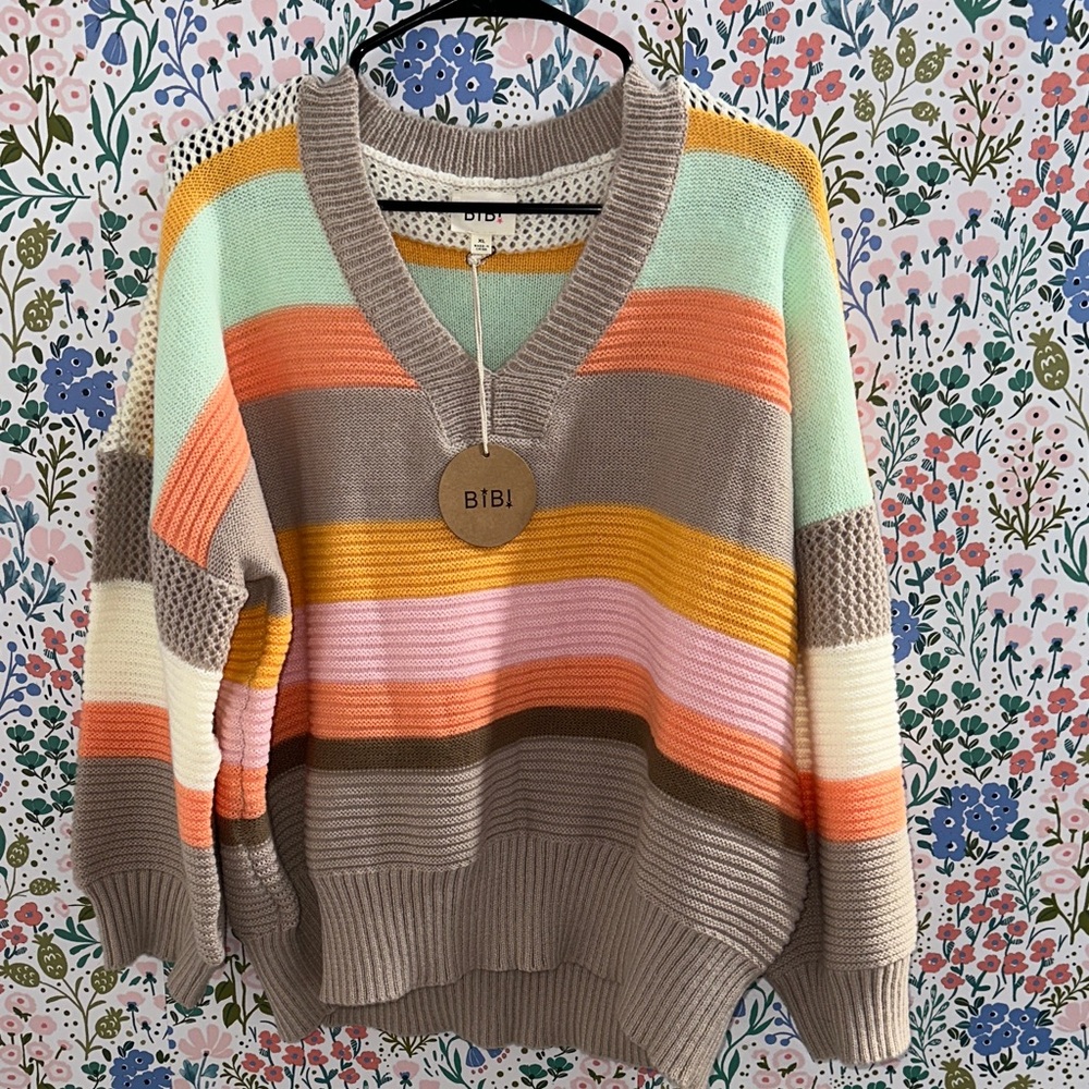 BiBi Colorful Striped V-Neck Sweater